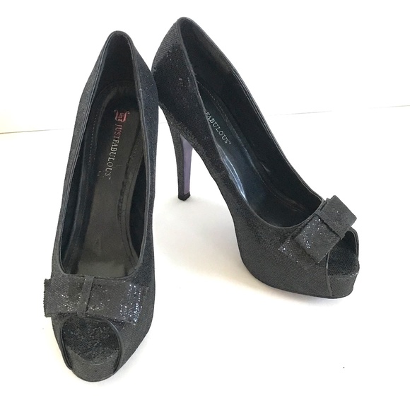 JUST FAB Stilettos Heels Peep Toe Black Pumps Svetlana Shimmer Women’s Size 10 - Picture 1 of 16